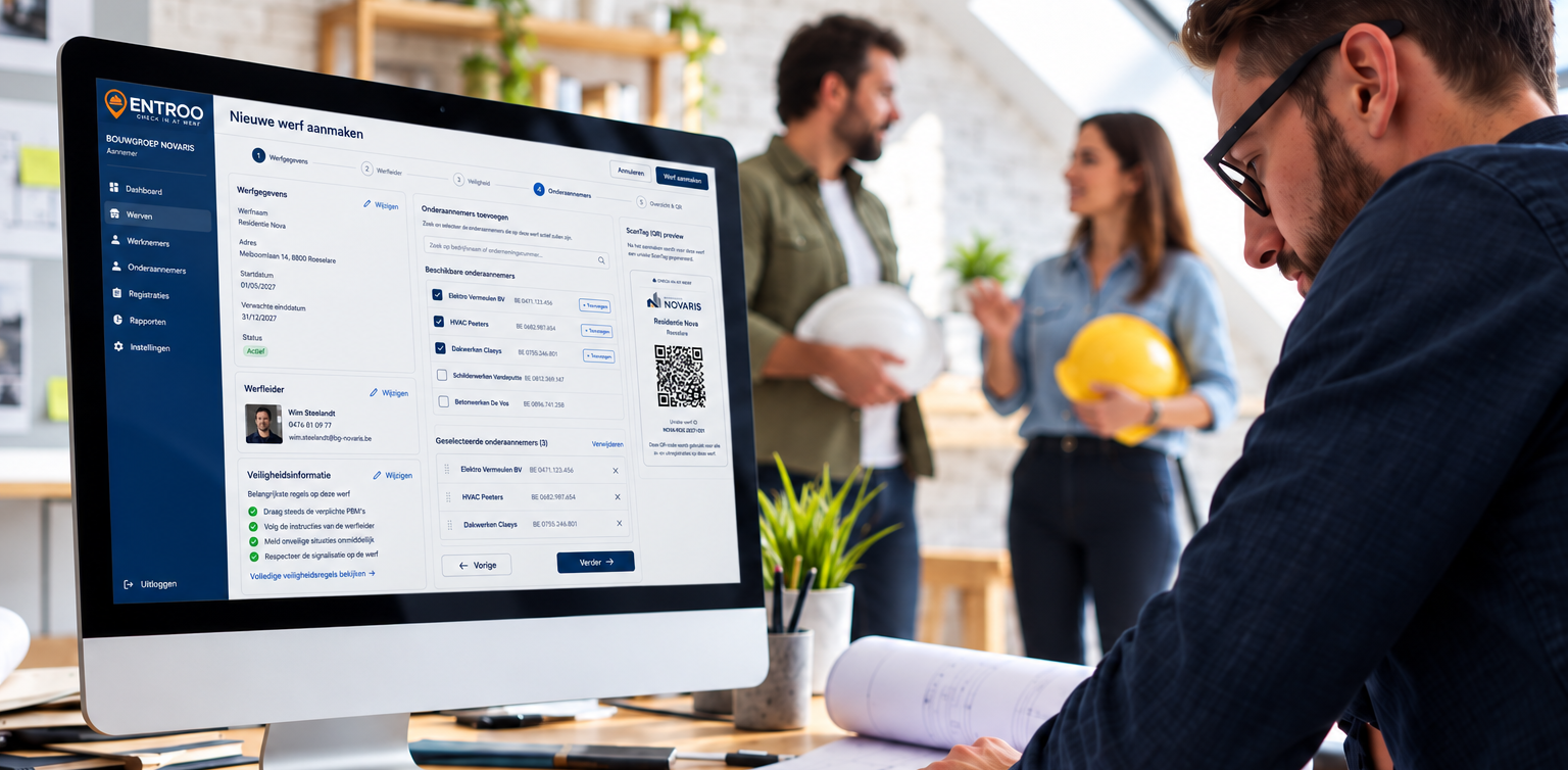 Hoofdaannemer maakt in het ENTROO-platform een werf aan en selecteert onderaannemers