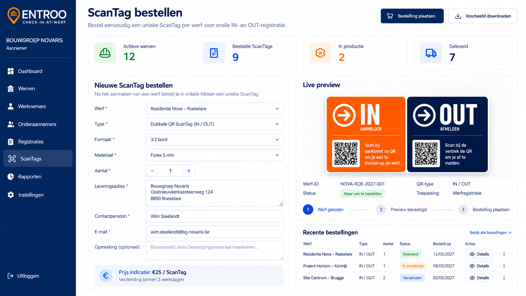 Medewerker scant bij aankomst of vertrek aan de werfkeet