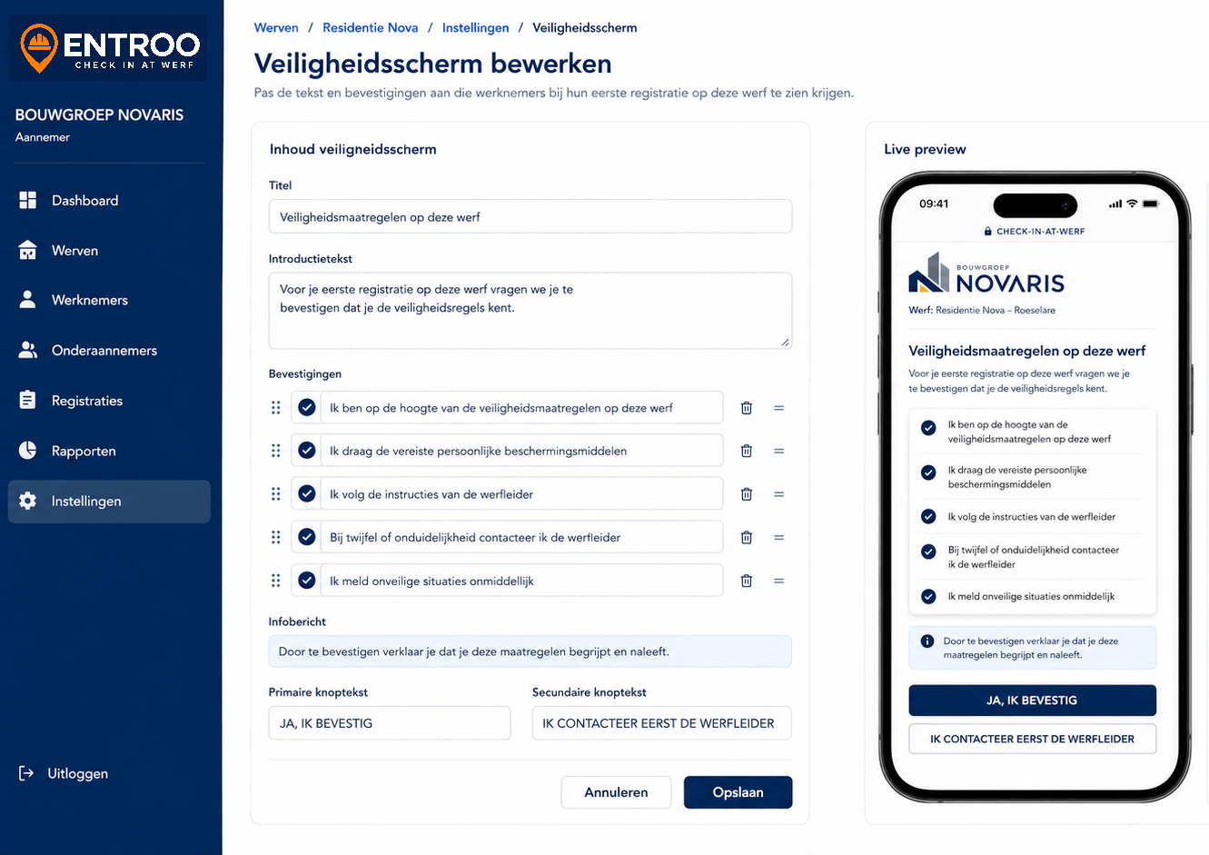 ENTROO platform om het veiligheidsscherm per werf te beheren