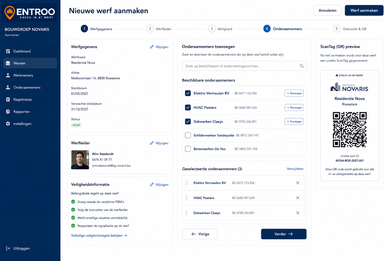 Nieuwe werf aanmaken en onderaannemers toevoegen